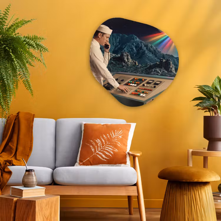 Glasbild Organische Form - Mann – Kontrollraum – Strand - Man - Controlekamer - Strand Wandcirkel Organisch Plexiglas middel