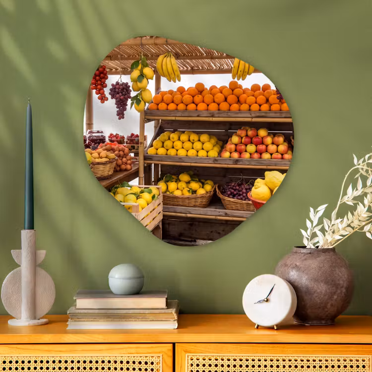 Glasbild Organische Form - Marktstand – Obst – Frisch - Marktkraam - Fruit - Vers Wandcirkel Organisch Plexiglas middel