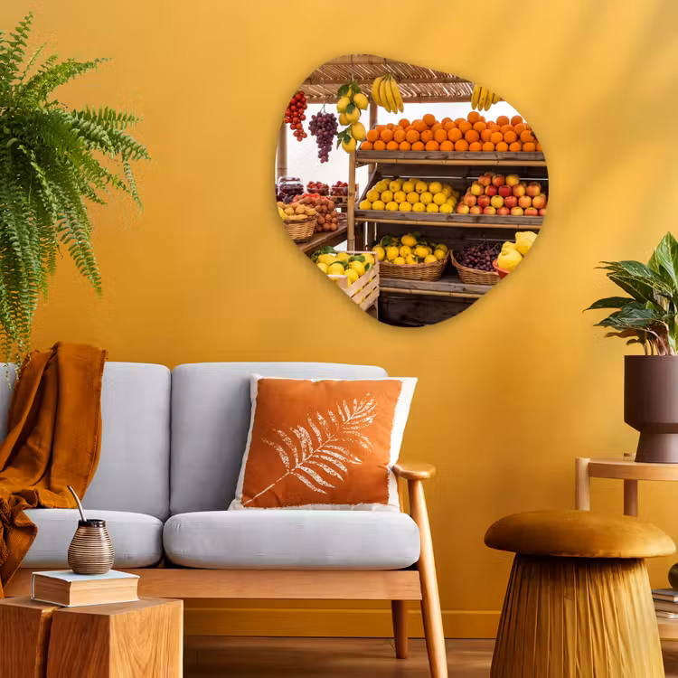 Glasbild Organische Form - Marktstand – Obst – Frisch - Marktkraam - Fruit - Vers Wandcirkel Organisch Plexiglas middel