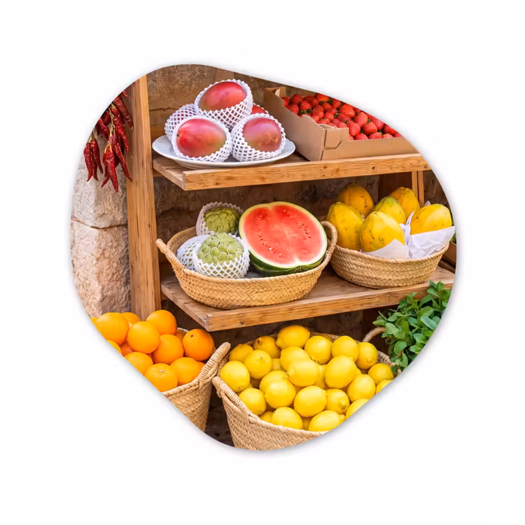 Glasbild Organische Form - Obst – Markt – Frisch - Fruit - Markt - Vers Wandcirkel Organisch Plexiglas middel
