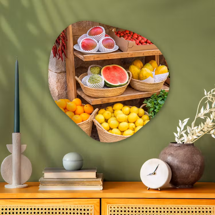 Glasbild Organische Form - Obst – Markt – Frisch - Fruit - Markt - Vers Wandcirkel Organisch Plexiglas middel
