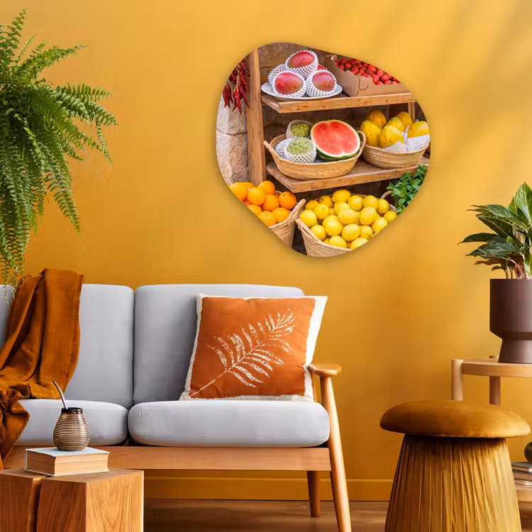 Glasbild Organische Form - Obst – Markt – Frisch - Fruit - Markt - Vers Wandcirkel Organisch Plexiglas middel