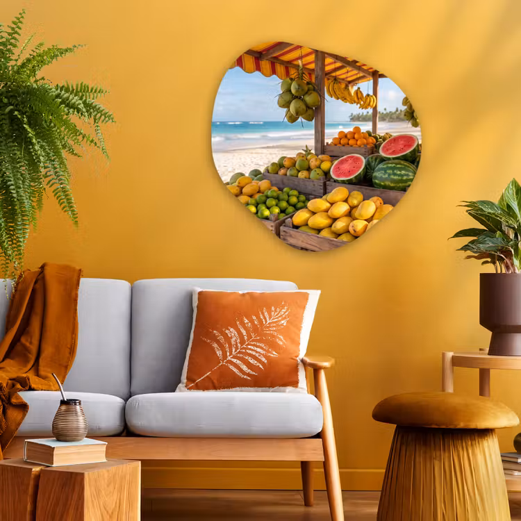 Glasbild Organische Form - Obst – Strand – Tropisch - Fruit - Strand - Tropisch Wandcirkel Organisch Plexiglas middel