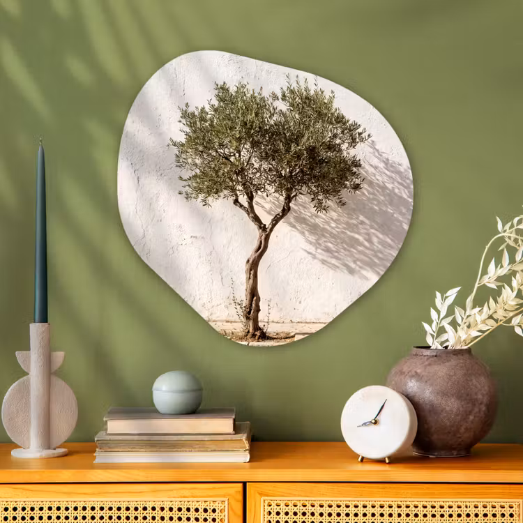 Glasbild Organische Form - Olivenbaum – Wand – weiß - Olijfboom - muur - wit Wandcirkel Organisch Plexiglas middel