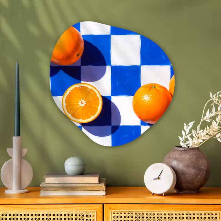 Glasbild Organische Form - Orange – Kariert – Essen - Sinaasappel - Geruit - Eten Wandcirkel Organisch Plexiglas middel