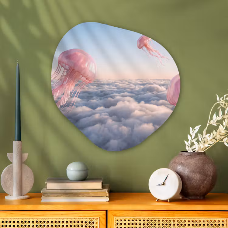 Glasbild Organische Form - Rosa Tier – Wolken - Roze dier - Wolken Wandcirkel Organisch Plexiglas middel