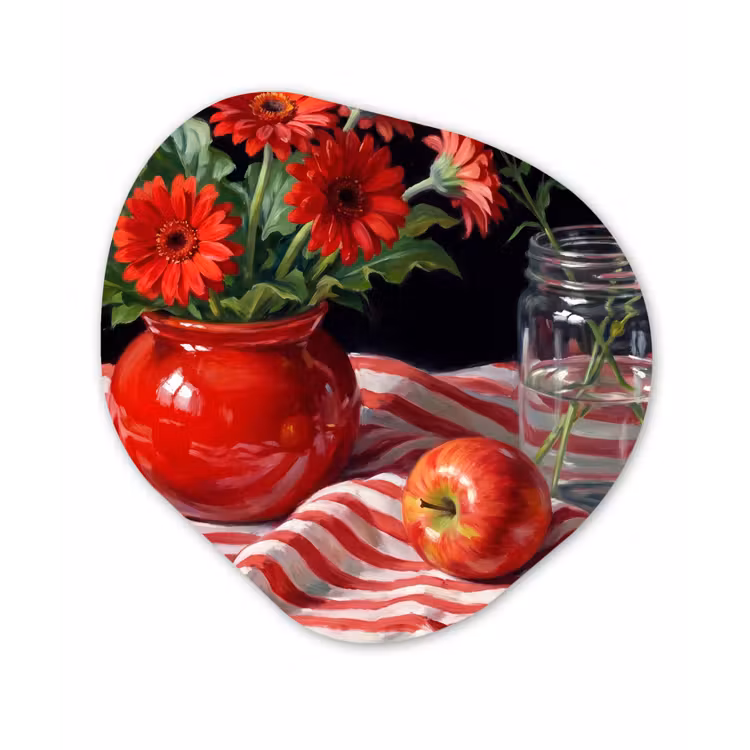 Glasbild Organische Form - Rote Blumen – Vase - Rode bloemen - Vaas Wandcirkel Organisch Plexiglas middel