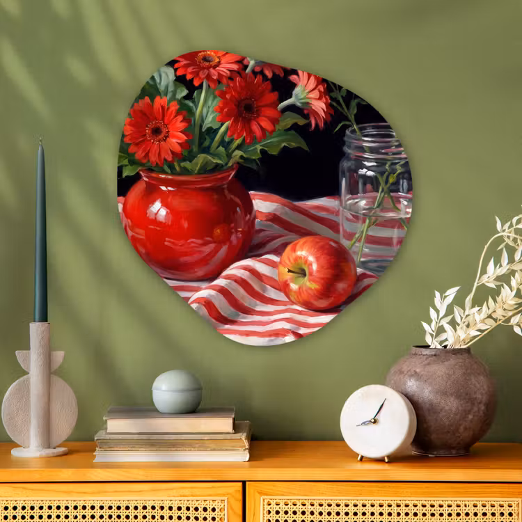 Glasbild Organische Form - Rote Blumen – Vase - Rode bloemen - Vaas Wandcirkel Organisch Plexiglas middel
