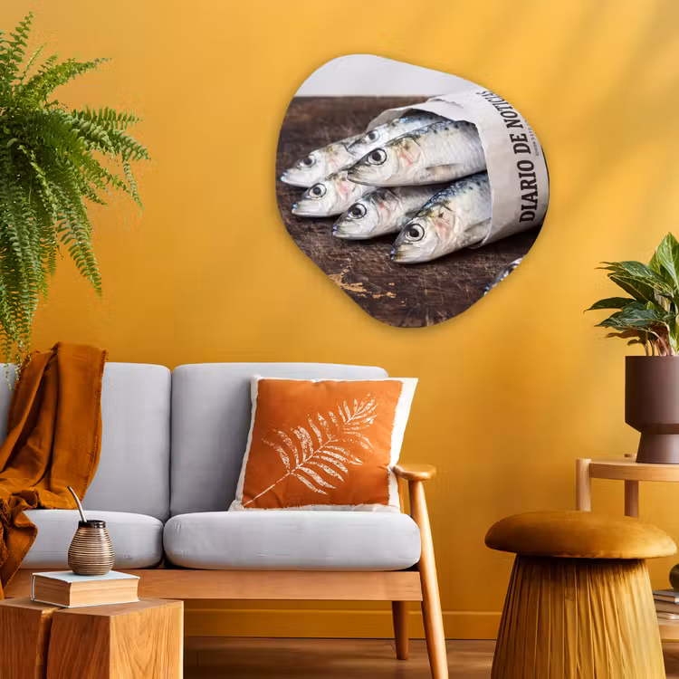 Glasbild Organische Form - Sardine – Zeitung – Schneidebrett - Sardientje - krant - snijplank Wandcirkel Organisch Plexiglas middel