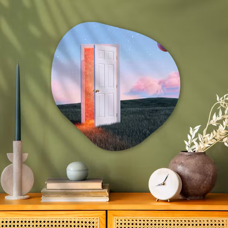 Glasbild Organische Form - Tür – Fantasie – Raum - Deur - Fantasie - Ruimte Wandcirkel Organisch Plexiglas middel