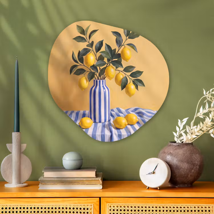 Glasbild Organische Form - Zitrone – Stillleben – Modern - Citroen - Stilleven - Modern Wandcirkel Organisch Plexiglas middel