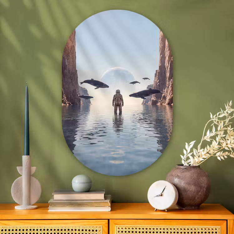 Glasbild Oval - Astronaut – Wal – Fantasie - Ruimtevaarder - Walvis - Fantasie Wandcirkel Ovaal Glas middel