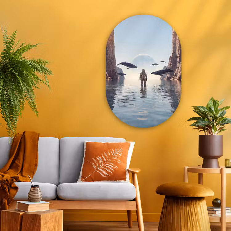 Glasbild Oval - Astronaut – Wal – Fantasie - Ruimtevaarder - Walvis - Fantasie Wandcirkel Ovaal Glas middel
