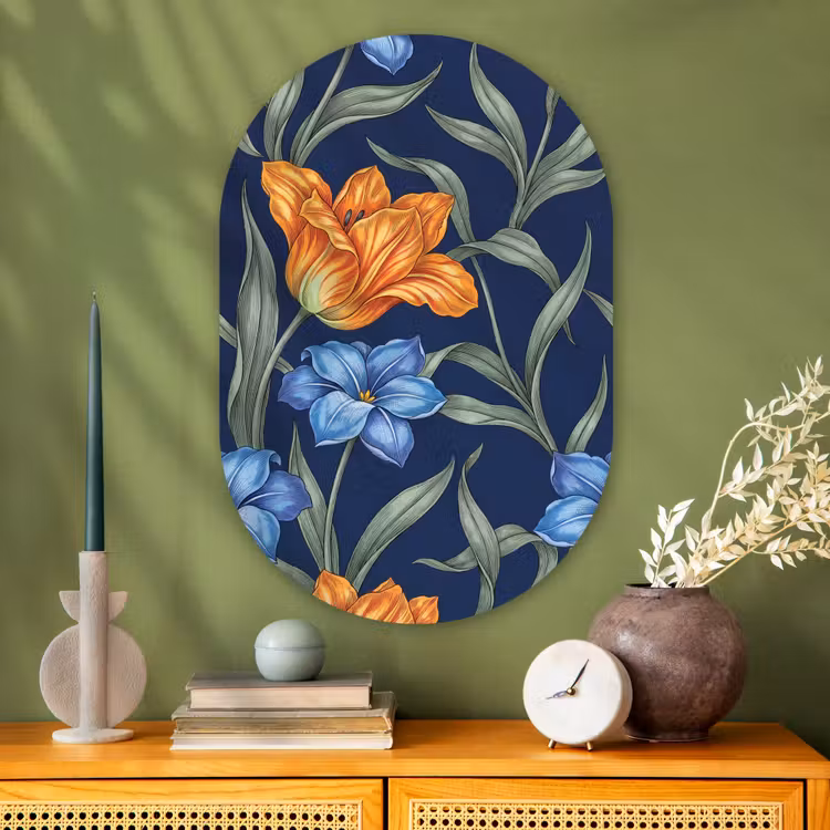 Glasbild Oval - Blumen – Botanik – Muster - Bloemen - Botanisch - Patroon Wandcirkel Ovaal Glas middel