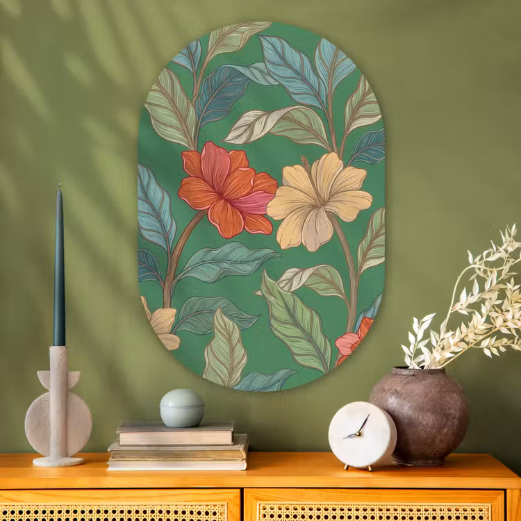 Glasbild Oval - Blumen – Grün – Illustration - Bloemen - Groen - Illustratie Wandcirkel Ovaal Glas middel
