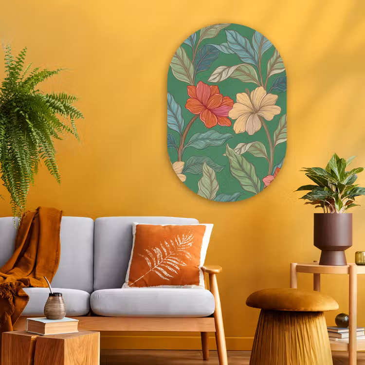 Glasbild Oval - Blumen – Grün – Illustration - Bloemen - Groen - Illustratie Wandcirkel Ovaal Glas middel