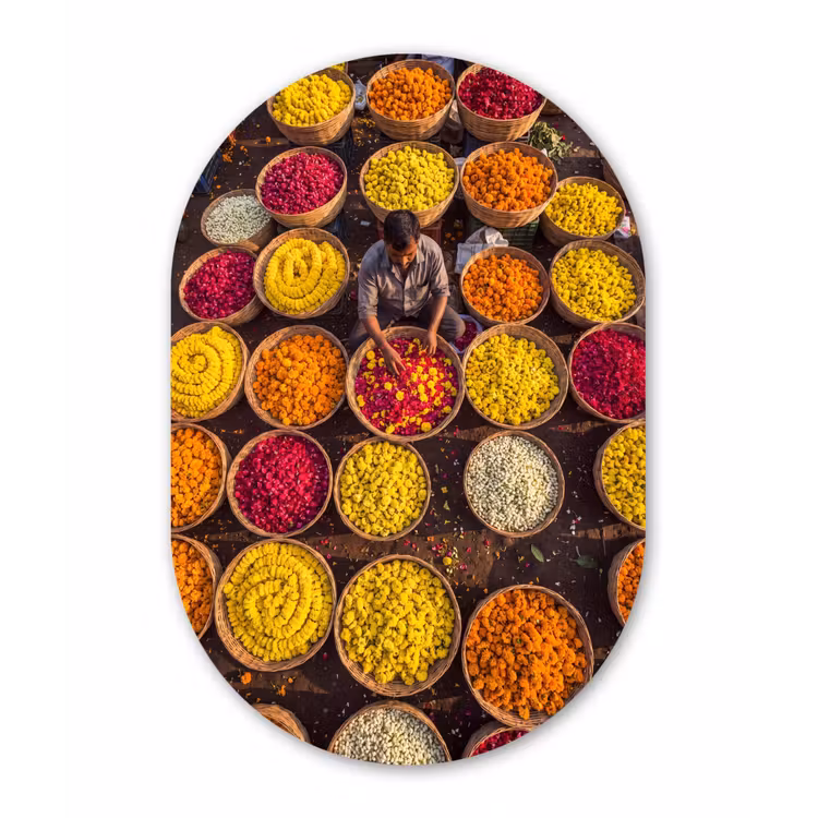 Glasbild Oval - Blumen – Markt – Bunt - Bloemen - Markt - Kleurrijk Wandcirkel Ovaal Glas middel