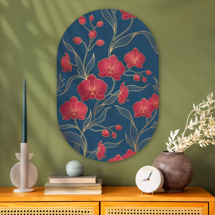 Glasbild Oval - Blumen – Rot – Gold - Bloemen - Rood - Goud Wandcirkel Ovaal Glas middel