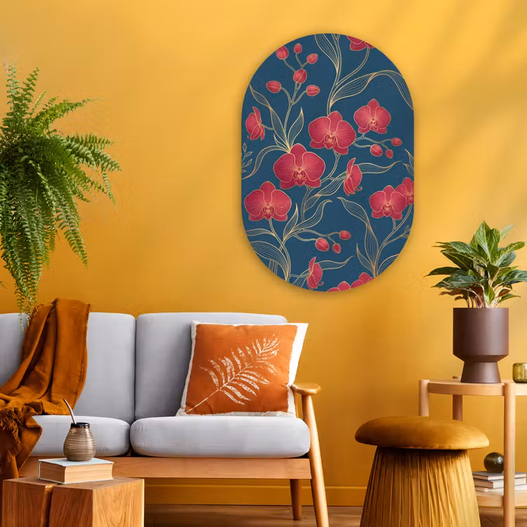Glasbild Oval - Blumen – Rot – Gold - Bloemen - Rood - Goud Wandcirkel Ovaal Glas middel