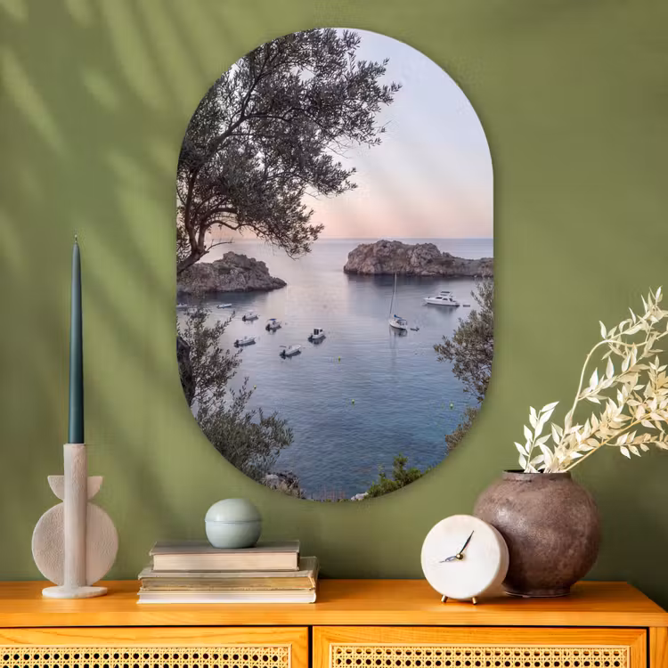 Glasbild Oval - Bucht – Boote – Sonnenuntergang - Baai - boten - zonsondergang Wandcirkel Ovaal Glas middel