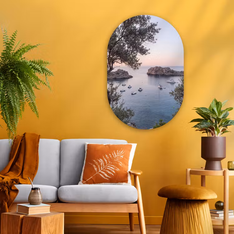 Glasbild Oval - Bucht – Boote – Sonnenuntergang - Baai - boten - zonsondergang Wandcirkel Ovaal Glas middel