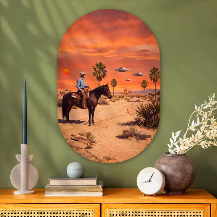 Glasbild Oval - Cowboy – Pferd – Wüste - Cowboy - Paard - Woestijn Wandcirkel Ovaal Glas middel
