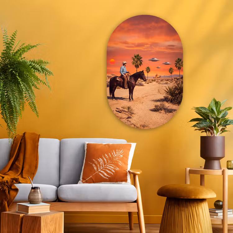 Glasbild Oval - Cowboy – Pferd – Wüste - Cowboy - Paard - Woestijn Wandcirkel Ovaal Glas middel