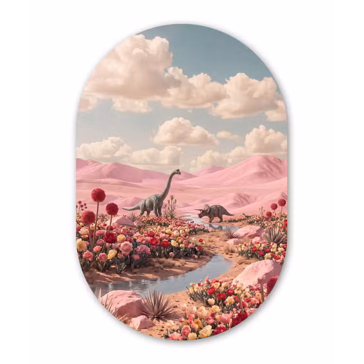 Glasbild Oval - Dinosaurier – Rosa – Landschaft - Dinosaurus - Roze - Landschap Wandcirkel Ovaal Glas middel