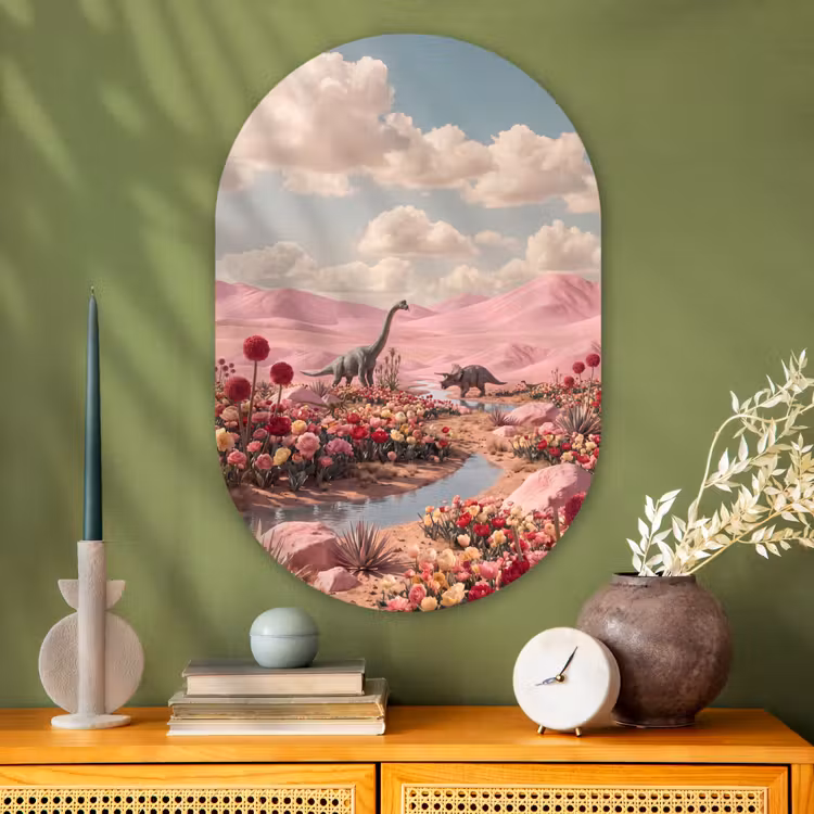 Glasbild Oval - Dinosaurier – Rosa – Landschaft - Dinosaurus - Roze - Landschap Wandcirkel Ovaal Glas middel