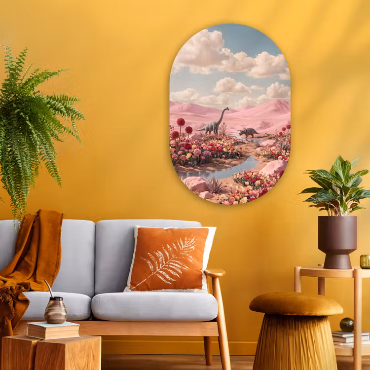 Glasbild Oval - Dinosaurier – Rosa – Landschaft - Dinosaurus - Roze - Landschap Wandcirkel Ovaal Glas middel