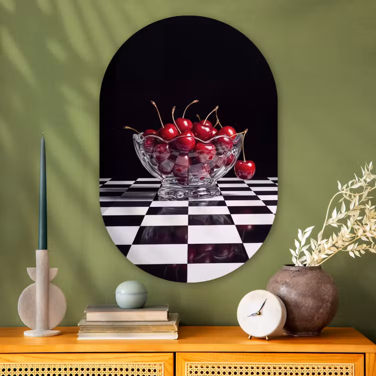 Glasbild Oval - Essen – Kirschen – Rot - Eten - Kersen - Rood Wandcirkel Ovaal Glas middel
