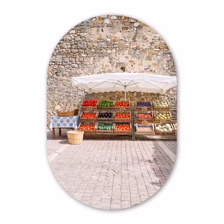 Glasbild Oval - Essen – Markt – Frisch - Eten - Markt - Vers Wandcirkel Ovaal Glas middel