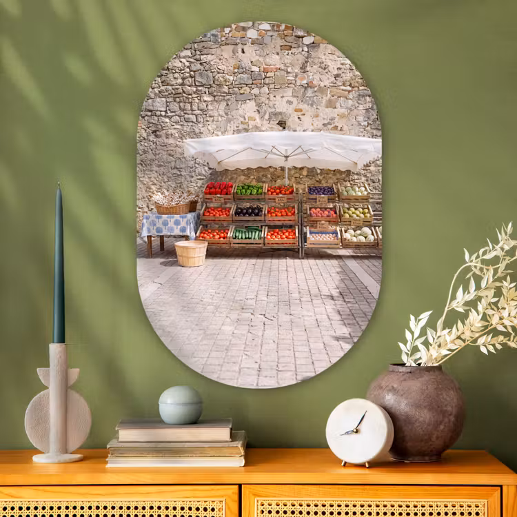 Glasbild Oval - Essen – Markt – Frisch - Eten - Markt - Vers Wandcirkel Ovaal Glas middel