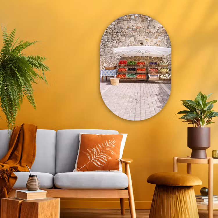 Glasbild Oval - Essen – Markt – Frisch - Eten - Markt - Vers Wandcirkel Ovaal Glas middel
