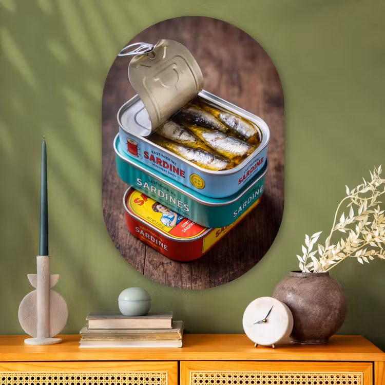 Glasbild Oval - Fisch – Dosen – Küche - Vis - Blikjes - Keuken Wandcirkel Ovaal Glas middel