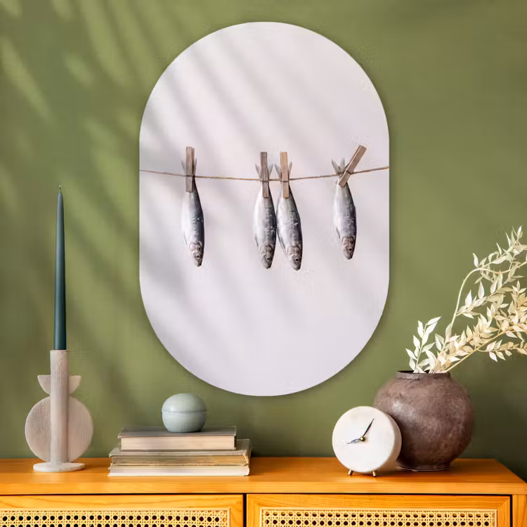 Glasbild Oval - Fisch – Hängend – Essen - Vis - Hangend - Eten Wandcirkel Ovaal Glas middel