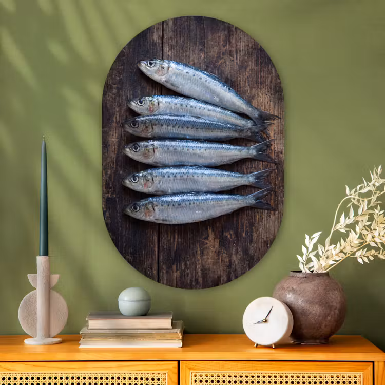 Glasbild Oval - Fisch – Holz – Essen - Vis - Hout - Eten Wandcirkel Ovaal Glas middel