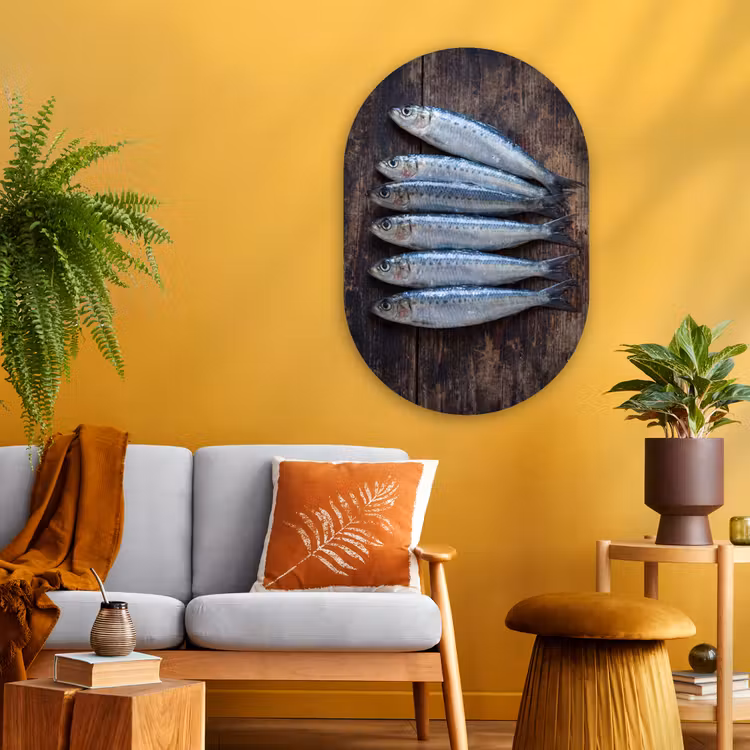 Glasbild Oval - Fisch – Holz – Essen - Vis - Hout - Eten Wandcirkel Ovaal Glas middel