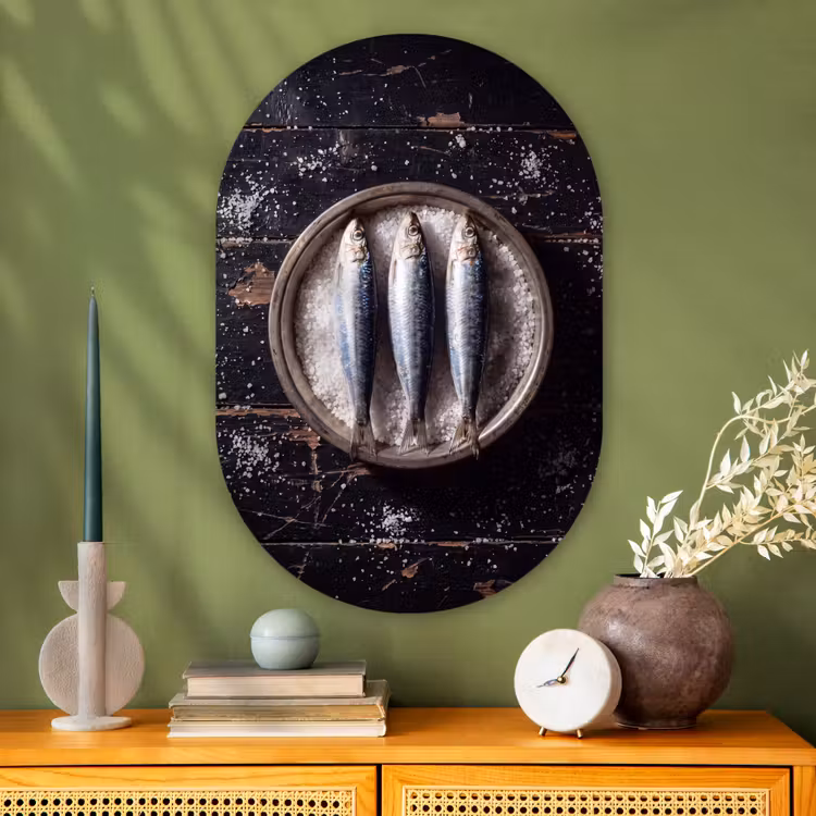 Glasbild Oval - Fisch – Salz – Essen - Vis - Zout - Eten Wandcirkel Ovaal Glas middel