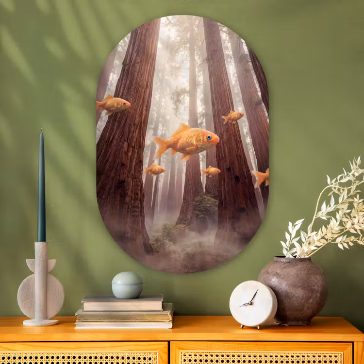 Glasbild Oval - Fisch – Wald – Fantasie - Vis - Bos - Fantasie Wandcirkel Ovaal Glas middel