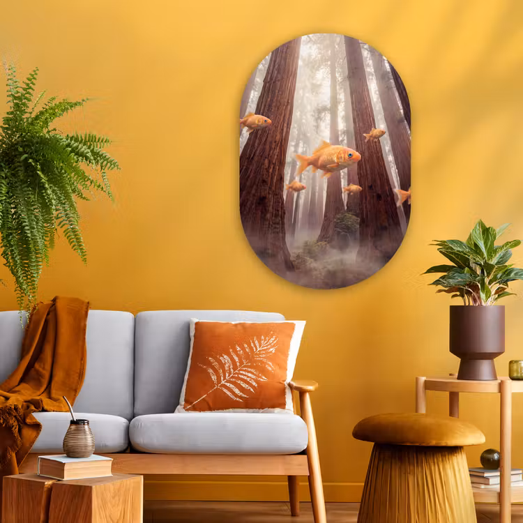 Glasbild Oval - Fisch – Wald – Fantasie - Vis - Bos - Fantasie Wandcirkel Ovaal Glas middel