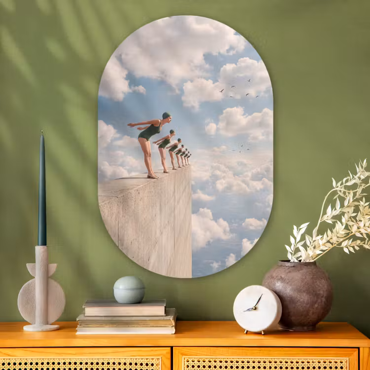Glasbild Oval - Frauen – Tauchhaltung – Wolken - Vrouwen - Duikhouding - Wolken Wandcirkel Ovaal Glas middel