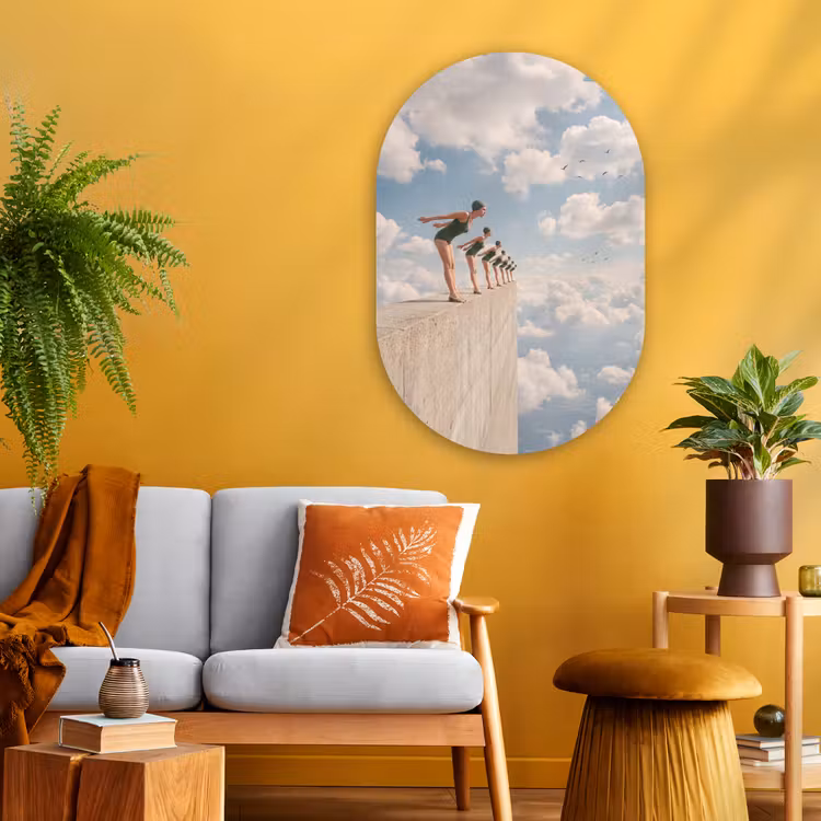 Glasbild Oval - Frauen – Tauchhaltung – Wolken - Vrouwen - Duikhouding - Wolken Wandcirkel Ovaal Glas middel