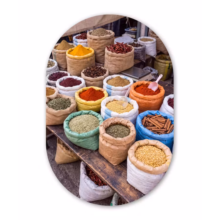 Glasbild Oval - Gewürze – Beutel – Markt - Kruiden - Zakken - Markt Wandcirkel Ovaal Glas middel