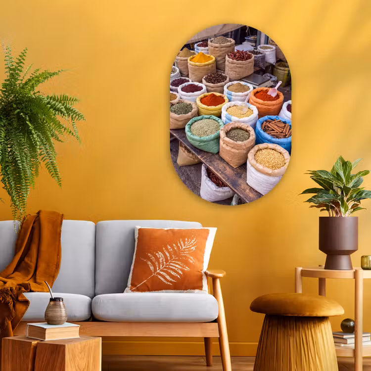 Glasbild Oval - Gewürze – Beutel – Markt - Kruiden - Zakken - Markt Wandcirkel Ovaal Glas middel