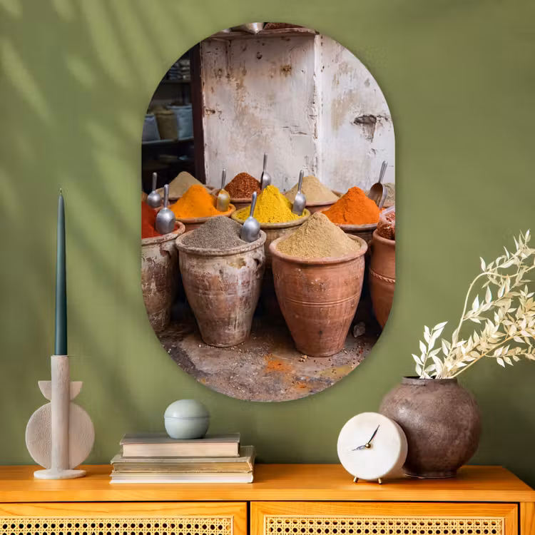 Glasbild Oval - Gewürze – Gläser – Orientalisch - Kruiden - Potten - Oosters Wandcirkel Ovaal Glas middel
