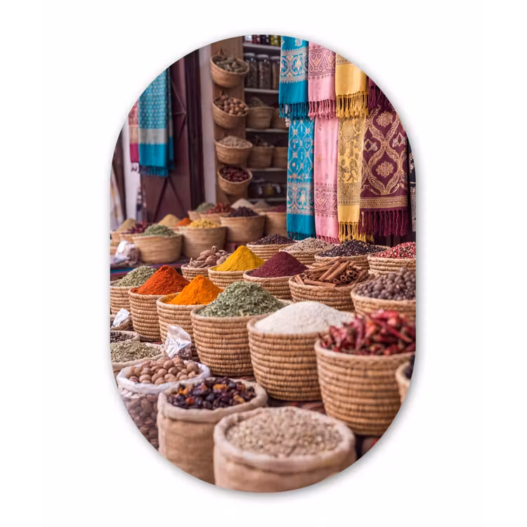 Glasbild Oval - Gewürze – Körbe – Orientalisch - Kruiden - Manden - Oosters Wandcirkel Ovaal Glas middel