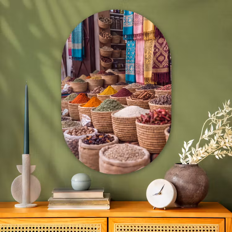 Glasbild Oval - Gewürze – Körbe – Orientalisch - Kruiden - Manden - Oosters Wandcirkel Ovaal Glas middel