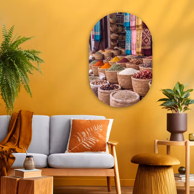 Glasbild Oval - Gewürze – Körbe – Orientalisch - Kruiden - Manden - Oosters Wandcirkel Ovaal Glas middel
