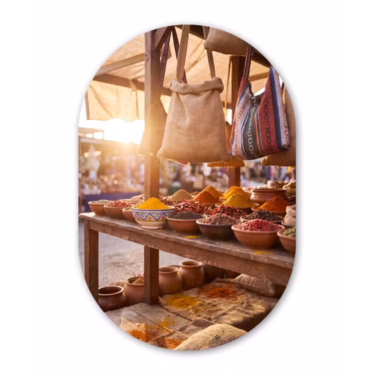Glasbild Oval - Gewürze – Markt – Bunt - Specerijen - Markt - Kleurrijk Wandcirkel Ovaal Glas middel